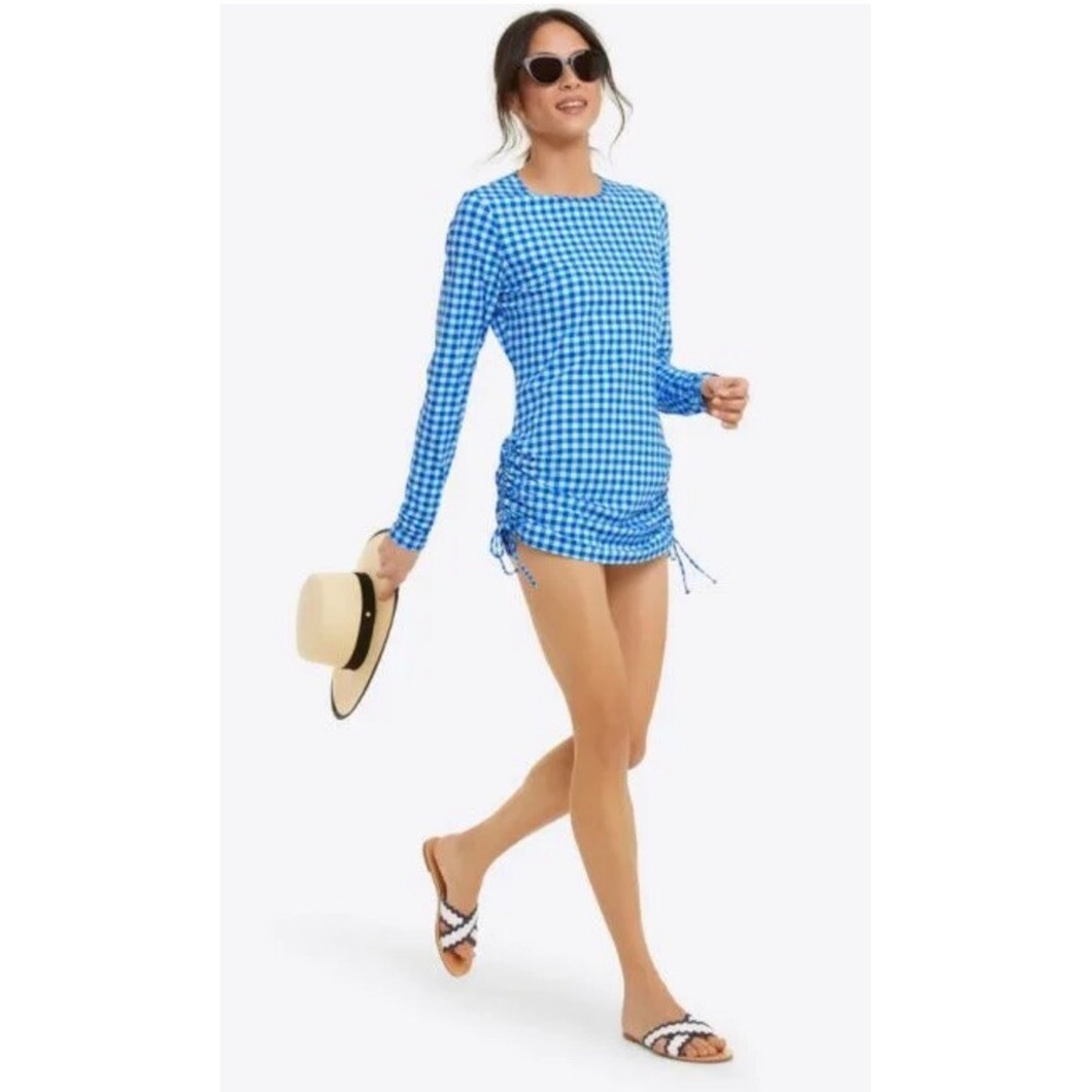 Lands End Draper James Gingham Sun Dress Swim Cover-Up Blue White Womens M 10-12